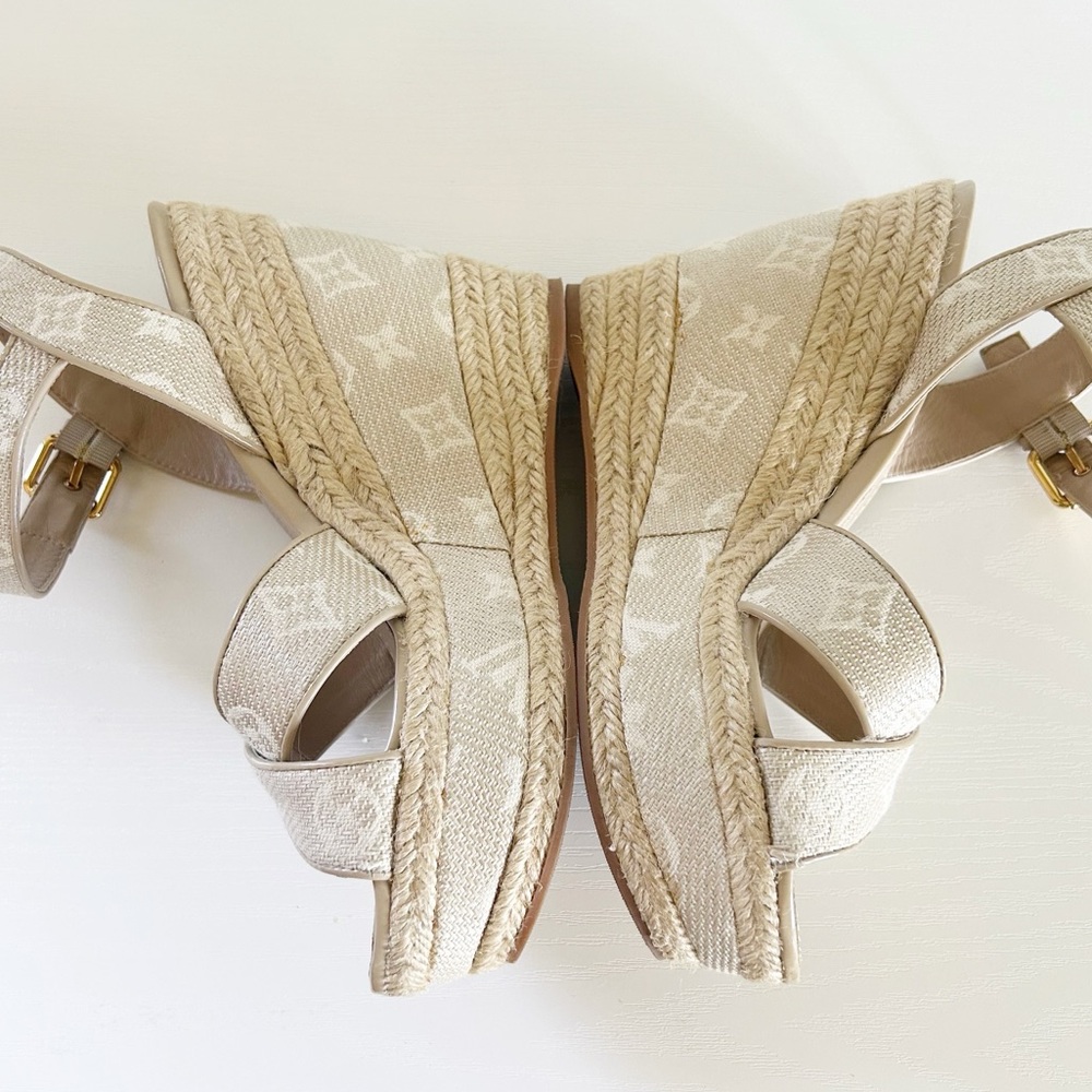 Louis Vuitton Beige Monogram Canvas Espadrille Ankle Strap Wedges Size EU 40 - Picture 8 of 16